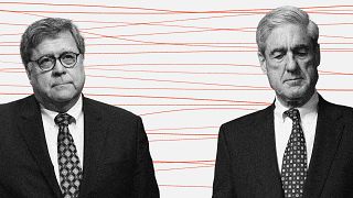 Photo illustration of William Barr and Robert Mueller.