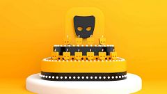 Illustration of a cake with Grindr logo candles burning.