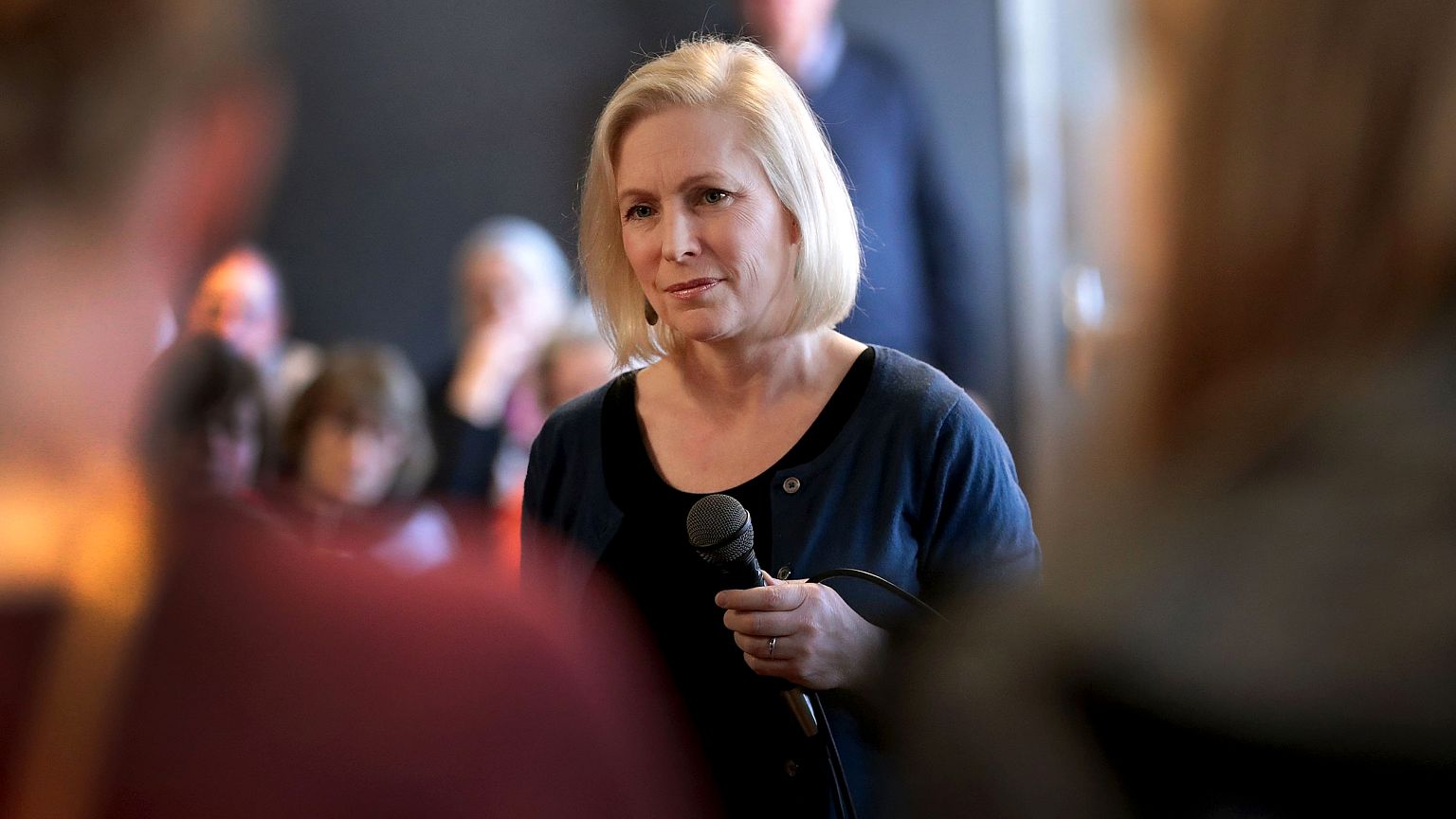 Image: Sen. Kirsten Gillibrand, D-NY, speaks to guests during a campaign st