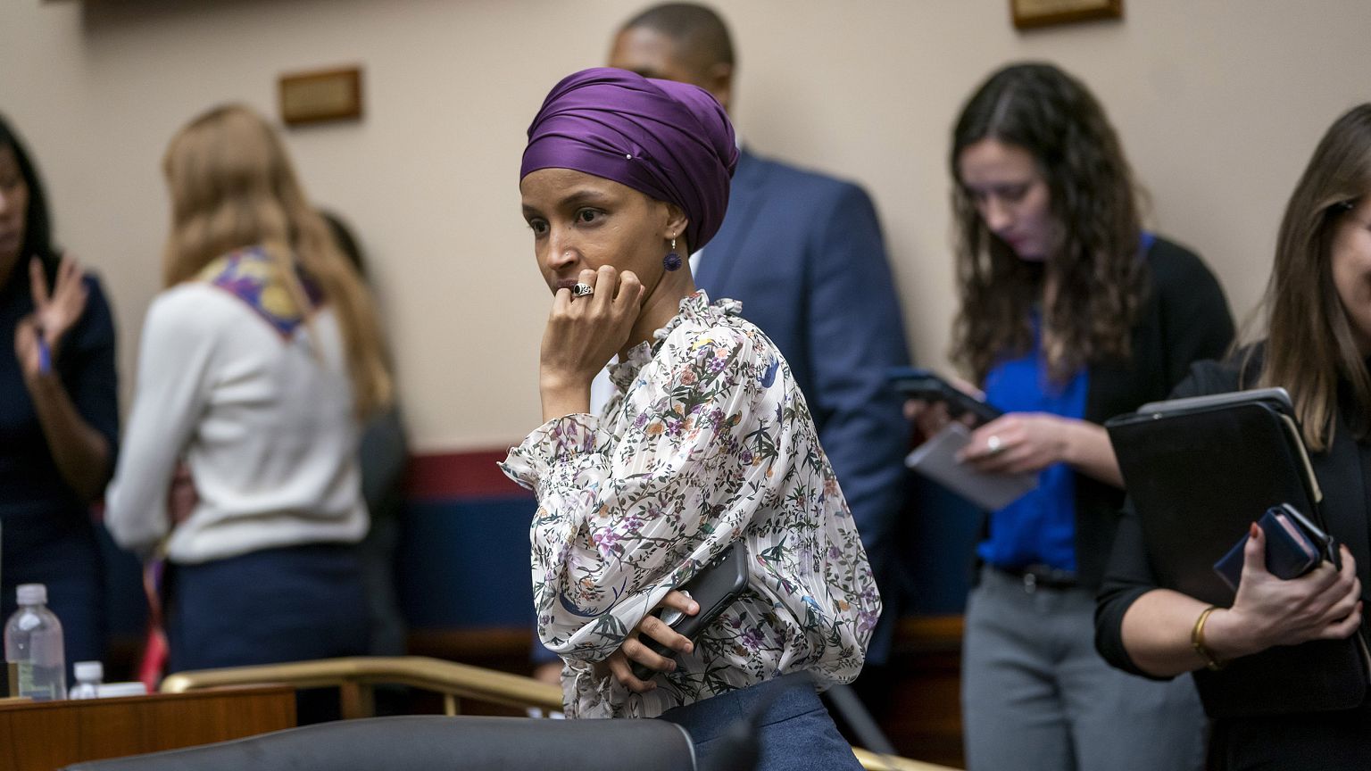 Image: Rep. Ilhan Omar, D-Minn., arrives at the House Education and Labor C
