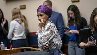 Image: Rep. Ilhan Omar, D-Minn., arrives at the House Education and Labor C