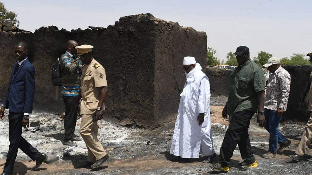 Image: Mali's President Ibrahim Boubacar Keita inspects the site of an atta