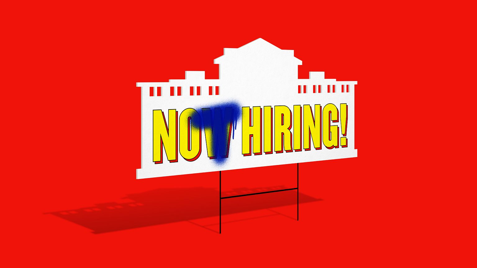 Illustration of a Now Hiring sign where the W in Now has been spray painted
