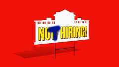 Illustration of a Now Hiring sign where the W in Now has been spray painted