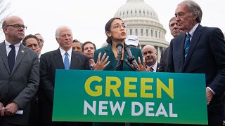 Image: Representative Alexandria Ocasio-Cortez and Senator Ed Markey speak 