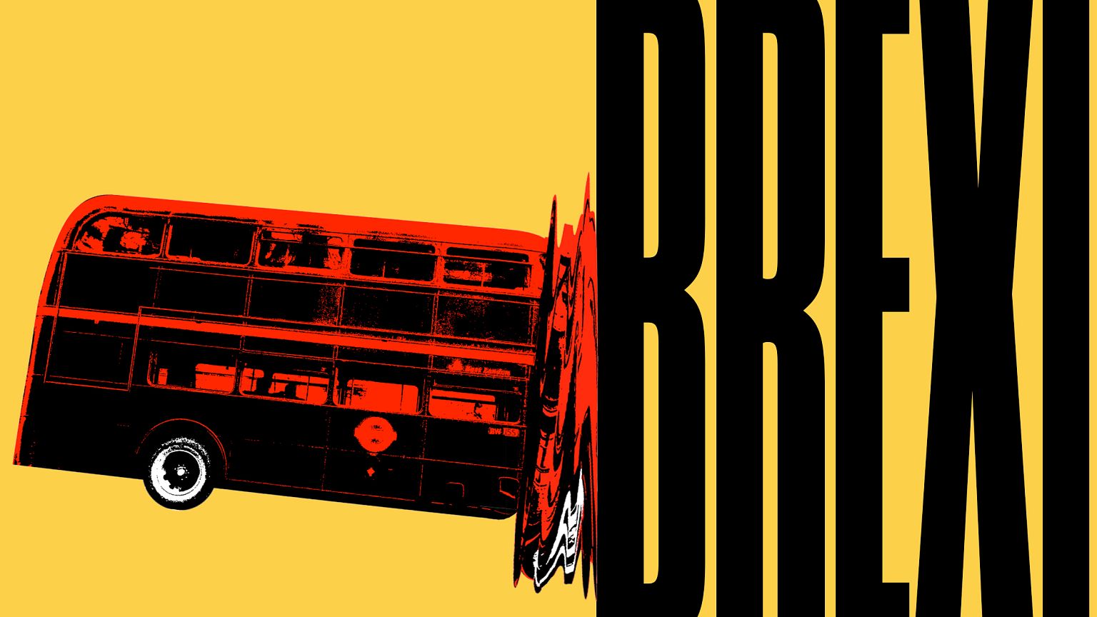 Illustration of a double-decker bus crashing into BREXIT in large letters.