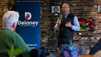 John Delaney speaks to an audience in Dover, New Hampshire on March 28, 2019.