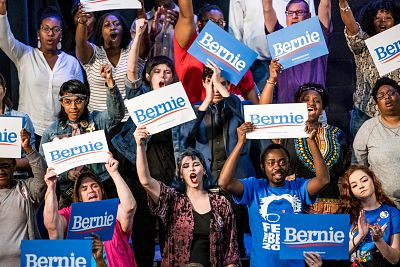 Supporters cheer as Sen. Bernie Sanders, I-VT, addresses the crowd at a campaign event in South Carolina on March 14, 2019.