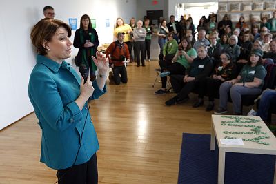 Amy Klobuchar speaks during a meet and greet with local residents on March 17, 2019, in Cedar Rapids, Iowa.