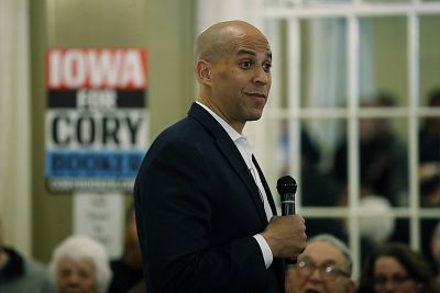 2020 Democratic presidential candidate Sen. Cory Booker speaks during a meeting with local residents on March 16, 2019, in Ottumwa, Iowa.