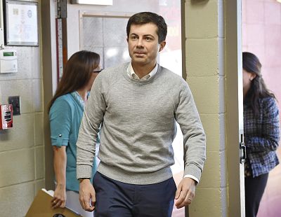 South Bend Mayor Pete Buttigieg arrives to speak about his presidential run during the Democratic monthly breakfast at the Circle of Friends Community Center in Greenville, South Carolina on March 23, 2019.