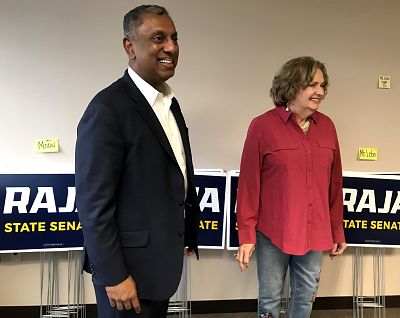Republican D. Raja speaks with volunteers at his campaign headquarters in Pittsburgh, Pennsylvania on March 30, 2019.