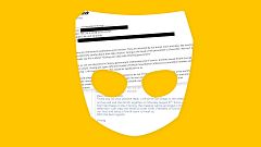 Photo collage of emails in Grindr logo mask.