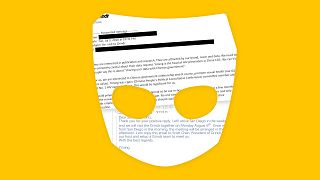 Photo collage of emails in Grindr logo mask.