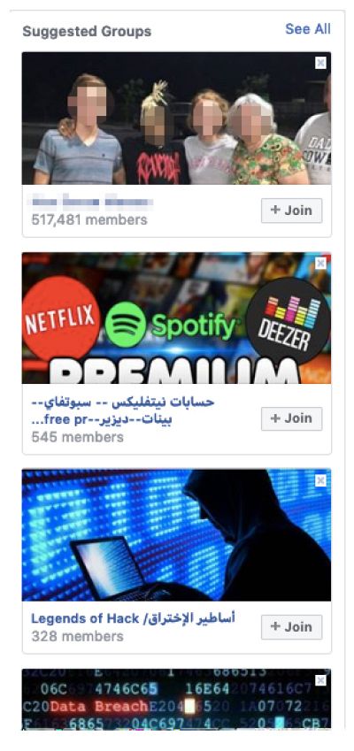 After joining one cybercriminal group, Facebook recommended others for users to join.