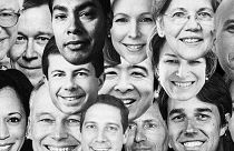 Photo illustration of presidential candidates faces.