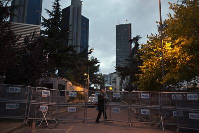 A metal security barrier stands in front of the Saudi Arabia\'s consulate in Istanbul on Oct. 13.
