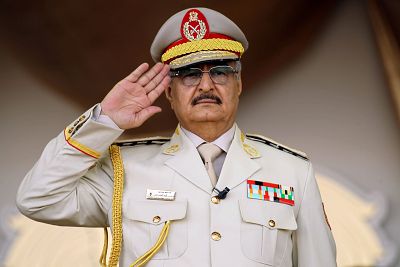 Field Marshal Khalifa Hifter salutes during a military parade in Benghazi, Libya, last year.