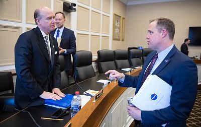 NASA Administrator Jim Bridenstine, right, is seen with Representative Robert Aderholt, R-AL, Ranking Member of the House Appropriations Committee\'s Commerce, Justice, Science, and Related Agencies Subcommittee prior to a hearing on March 27, 2019.