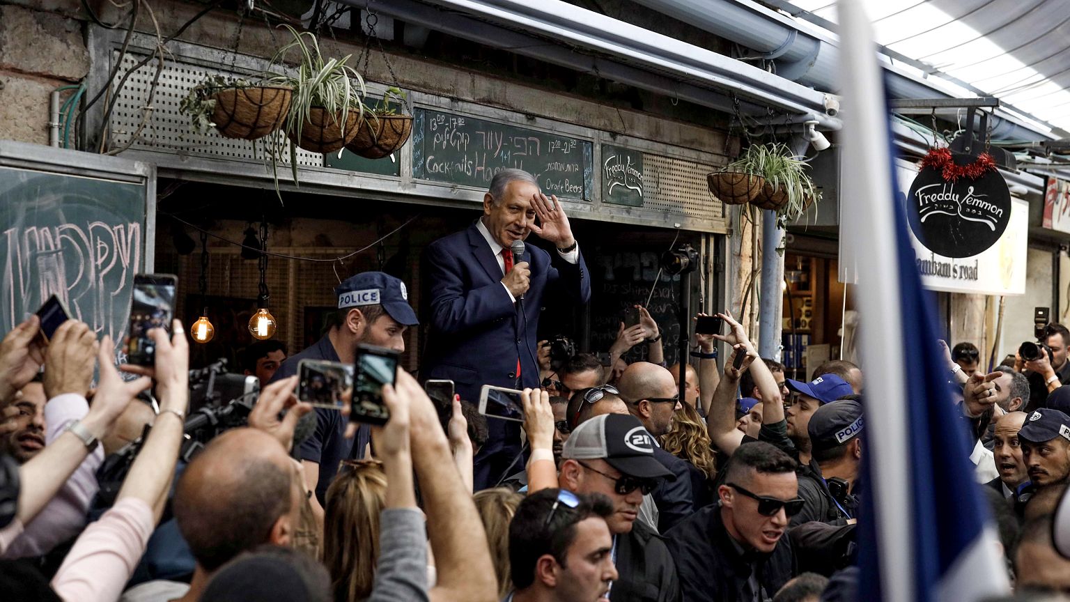 Image: Israeli Prime Minister Benjamin Netanyahu speaks to supporters at th