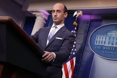 Senior Advisor to the President for Policy Stephen Miller talks to reporters in the James Brady Press Briefing Room at the White House.