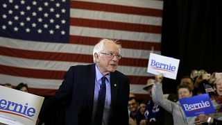 Image: Sen. Bernie Sanders arrives for a campaign rally in Concord, New Ham