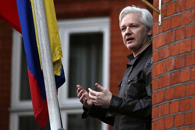 WikiLeaks founder Julian Assange speaks from a balcony at Ecuador\'s Embassy in London in May 2017.