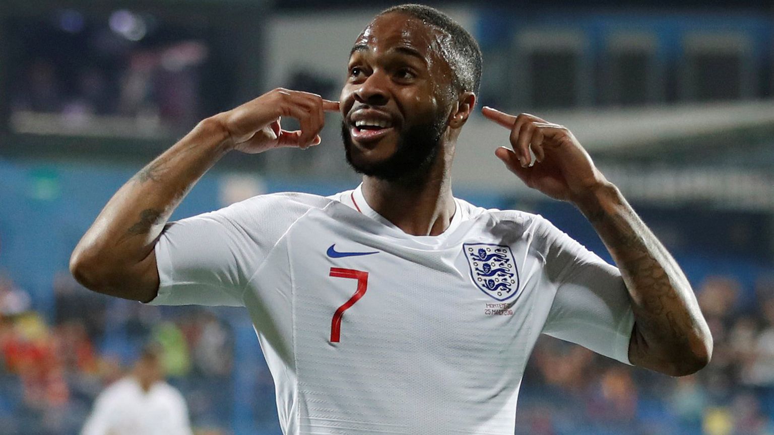 Image: England's Raheem Sterling celebrates scoring their fifth goal at Pod