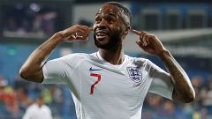 Image: England's Raheem Sterling celebrates scoring their fifth goal at Pod