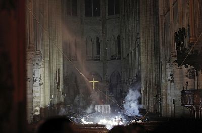 Smoke inside Notre Dame Cathedral in Paris on April 15, 2019.