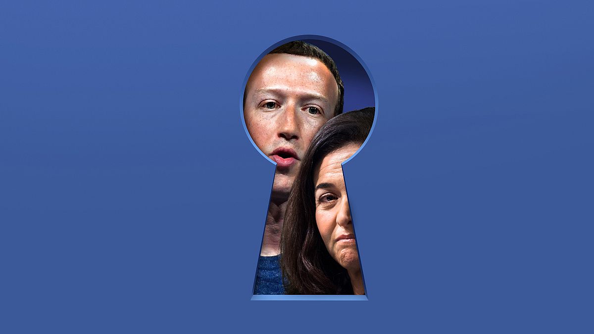 Illustration of Mark Zuckerberg and Sheryl Sandberg peaking out from a key 