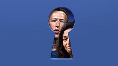 Illustration of Mark Zuckerberg and Sheryl Sandberg peaking out from a key 