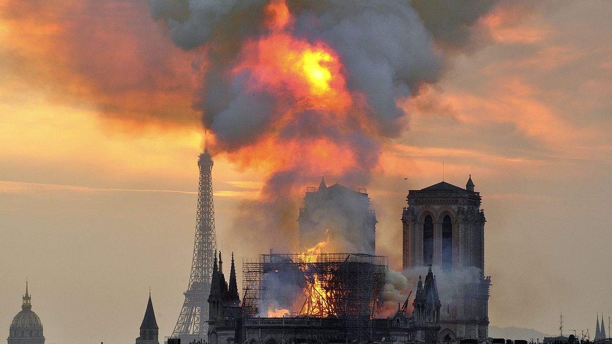 Image: Flames and smoke rise from Notre Dame in Paris on April 15, 2019.