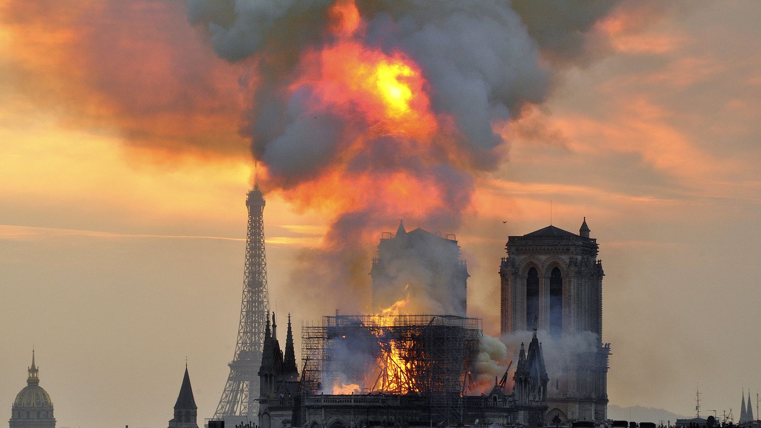 Image: Flames and smoke rise from Notre Dame in Paris on April 15, 2019.