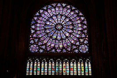 View of the north rose window of Notre-Dame de Paris Cathedral.