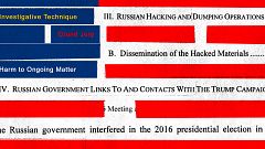 Illustration of Mueller report redactions creating an American flag.
