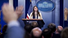 Image: Sarah Huckabee Sanders speaks during a White House press briefing in