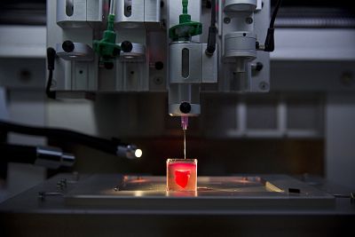 A 3D printer builds a heart with human tissue during a presentation at the University of Tel Aviv on April 15.