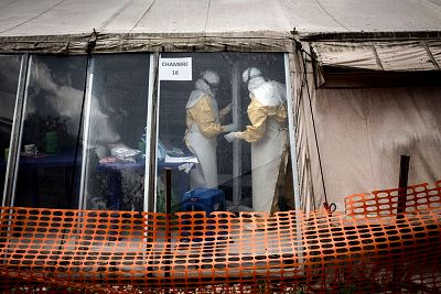 Health workers inside the "red zone" of an Ebola treatment center in Butembo.