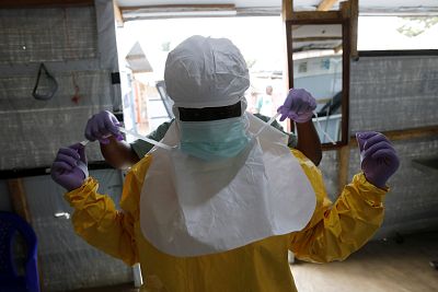 A health worker at an Ebola treatment center in Beni, Congo.