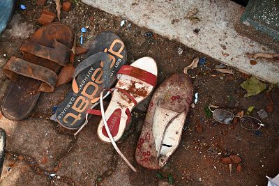 Shoes and belongings of victims after St. Sebastian\'s Church was bombed.