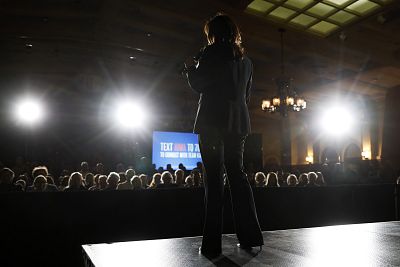 Sen. Kamala Harris, at the University of Iowa on April 10, leads in the polls among the Democratic women running for president, but trails three white men: Joe Biden, Bernie Sanders and Beto O\'Rourke.