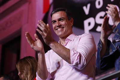 Pedro Sanchez addresses supporters in Madrid on Sunday.