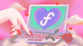 Illustration of hand touching computer with large Facebook logo, hearts and