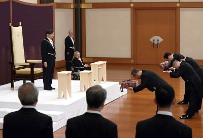 Japan\'s new Emperor Naruhito receives the Imperial regalia of sword and jewel as proof of succession at the ceremony at Imperial Palace in Tokyo, on May 1, 2019.
