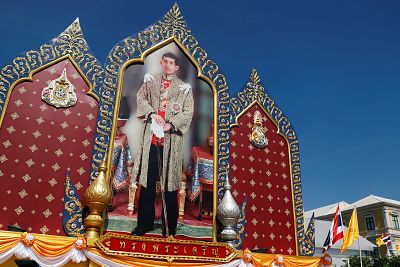A portrait of Thai King Maha Vajiralongkorn in Bangkok.