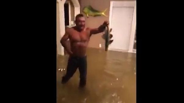 Houston : un homme pêche à mains nues dans sa maison inondée Houston : un homme pêche à mains nues dans sa maison inondée