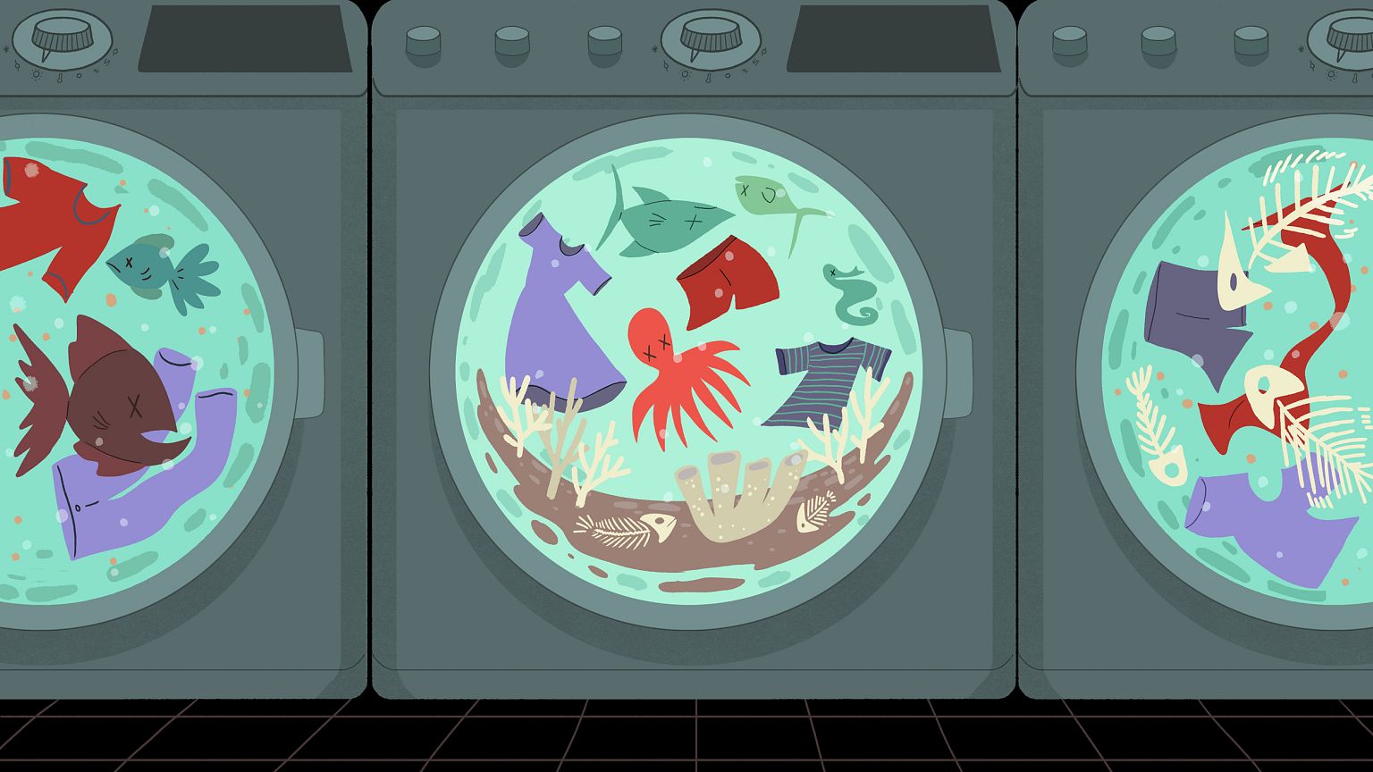 Illustration of front loading washing machines with clothes and dead fish s