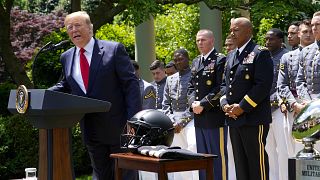 Image: U.S. President Trump welcomes U.S. Military Academy Football Team at