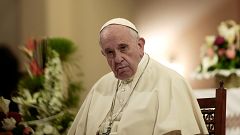 Image: Pope Francis sits during a meeting with Catholic priests and other r
